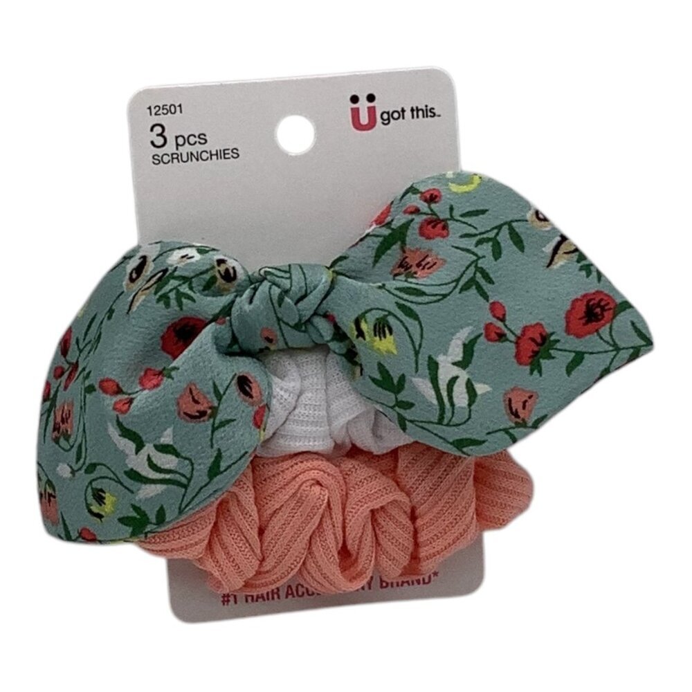 Scünci‎ 3 Pcs U Got This Hair Scrunchies W/ Floral Bow Coral Multicolor 12501